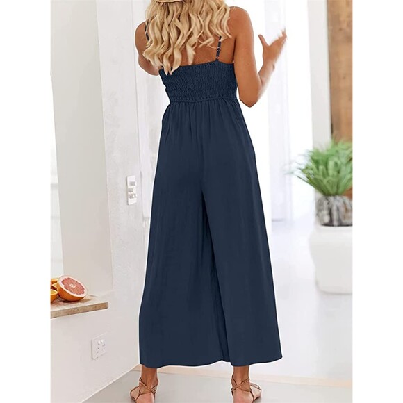 Spaghetti Strap V-Neck Cutout Smocked Wide leg Jumpsuit Romper with Pockets Sz S - Picture 3 of 7